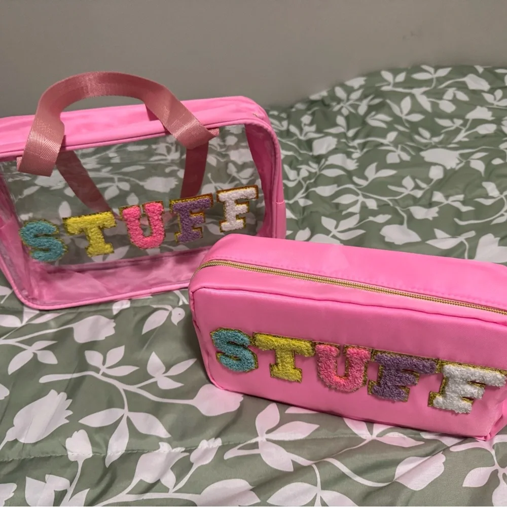 Pink Makeup Organizer Set with Embroidered Design